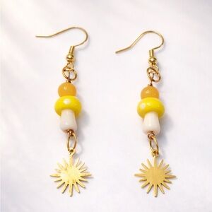 Handmade Mushroom Sun Dangle Earrings Yellow White Gold Tone Boho